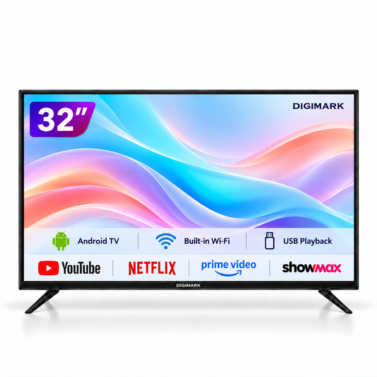 Digimark 32-inch Smart TV with YouTube Netflix Prime Video and Showmax logos