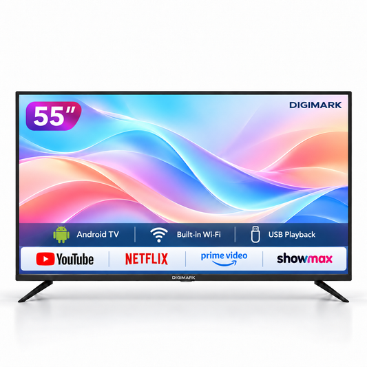 Digimark 55-inch Smart TV with YouTube Netflix Prime Video and Showmax logos