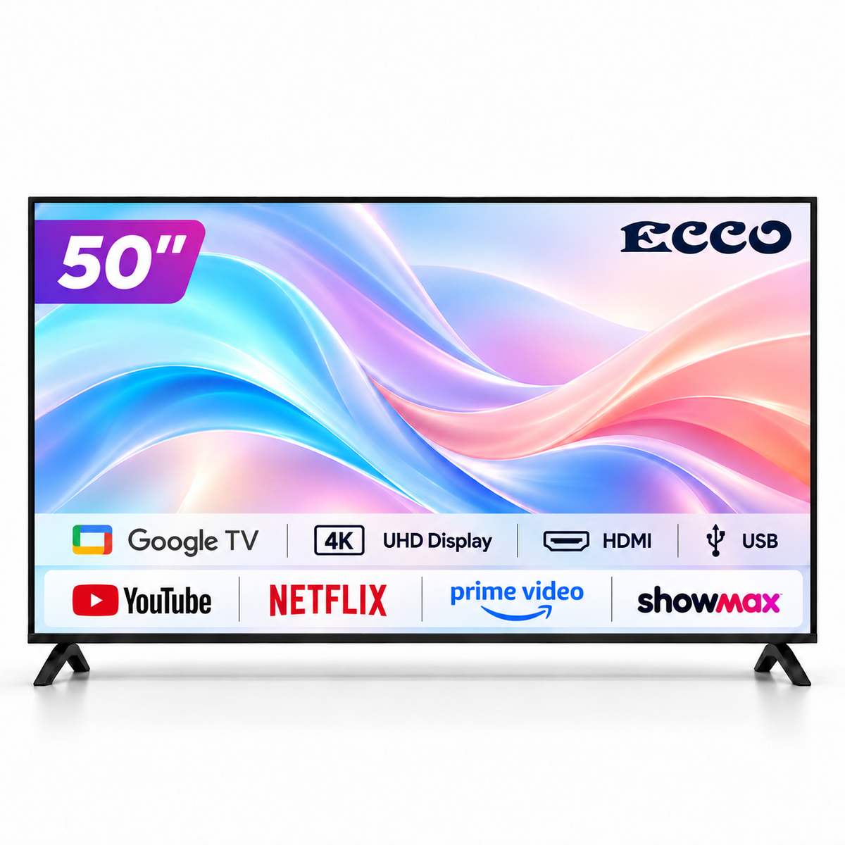 ECCO 50-inch UHD Google TV with YouTube Netflix Prime Video and Showmax logos