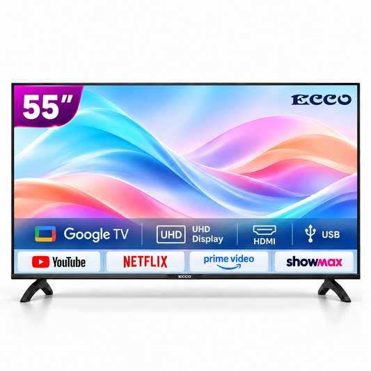 ECCO 55-inch UHD Google TV with YouTube Netflix Prime Video and Showmax logos