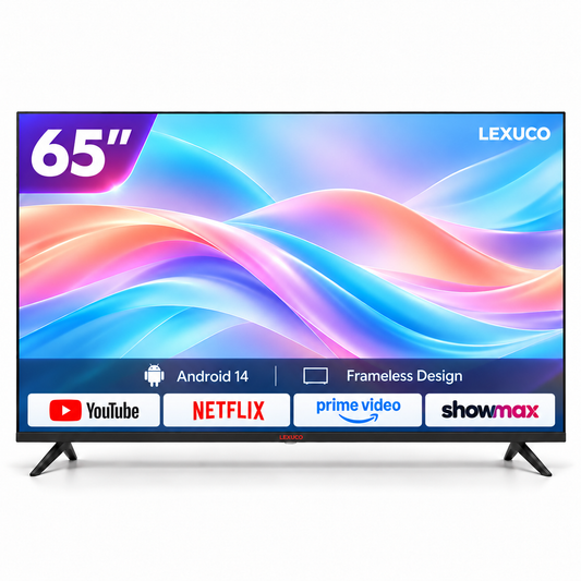 Lexuco 65-inch Smart TV with YouTube Netflix Prime Video and Showmax logos