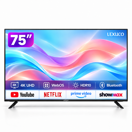 Lexuco 75-inch WebOS 4K Smart TV with YouTube Netflix Prime Video and Showmax logos